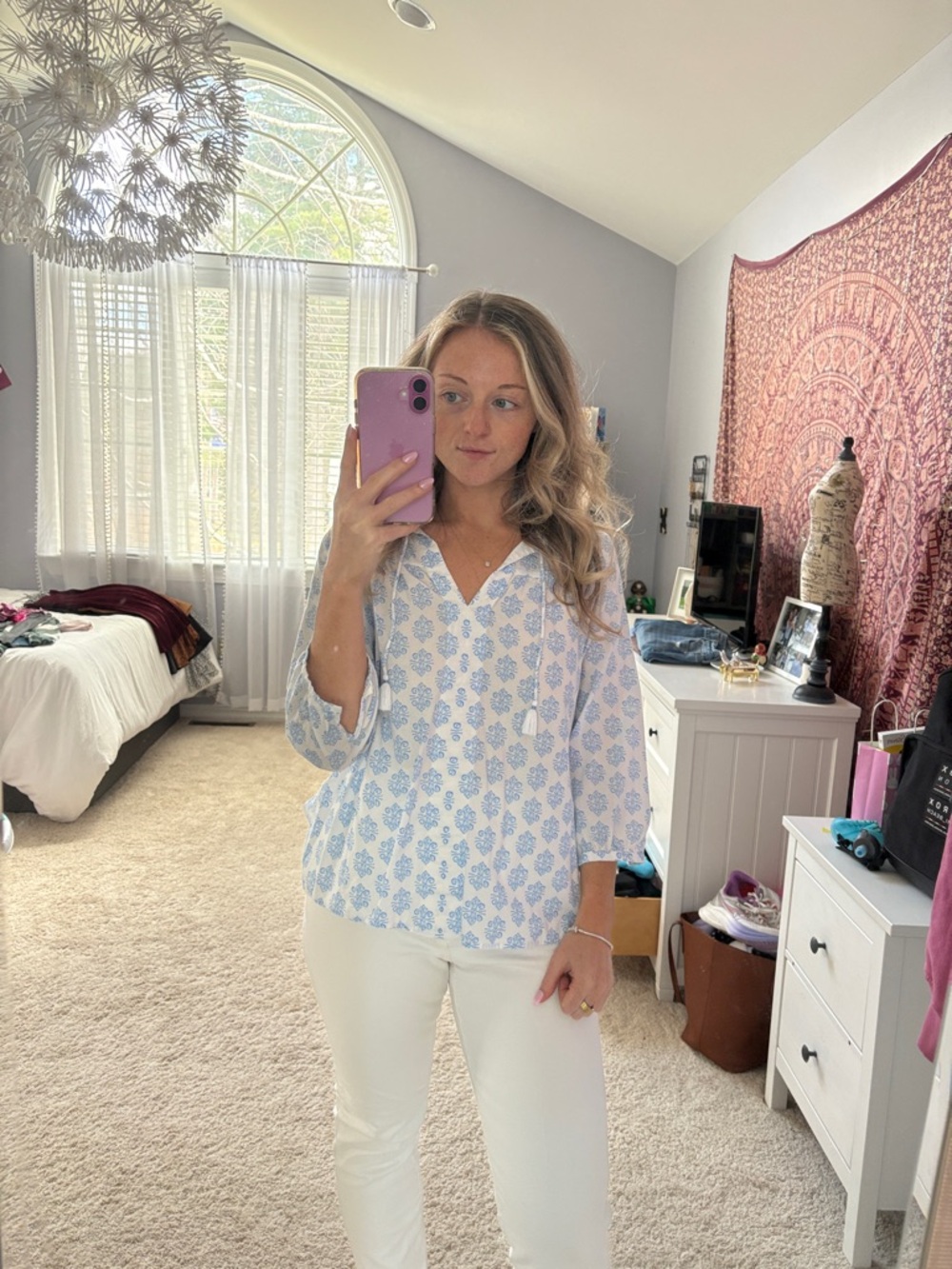 Vineyard Vines 3/4 Sleeve Tassel Blue White Top Size M